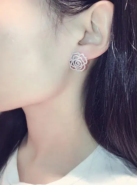 Fashion  Camellia Crystal Flower Rose Stud Earrings For Women