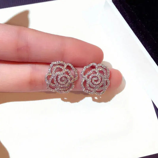 Fashion  Camellia Crystal Flower Rose Stud Earrings For Women