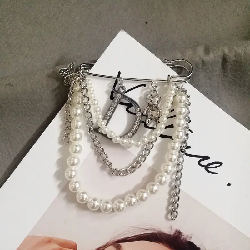 Luxury  Crystal Letter D Pearl Chain Tassel Brooches  Jewelry For Women