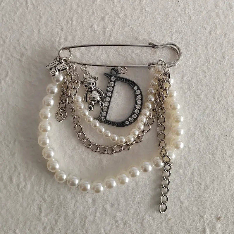 Luxury  Crystal Letter D Pearl Chain Tassel Brooches  Jewelry For Women