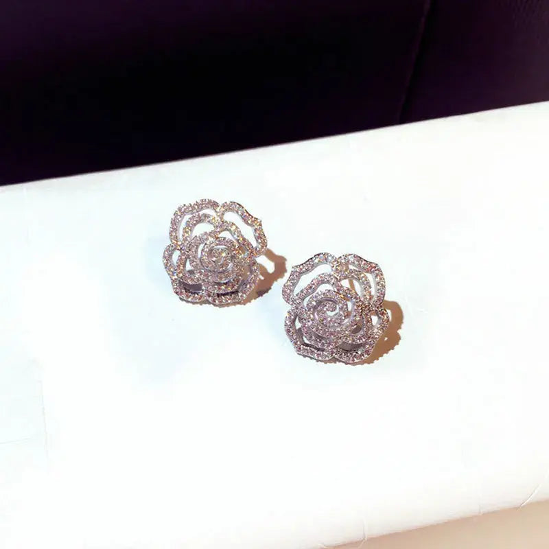 Fashion  Camellia Crystal Flower Rose Stud Earrings For Women